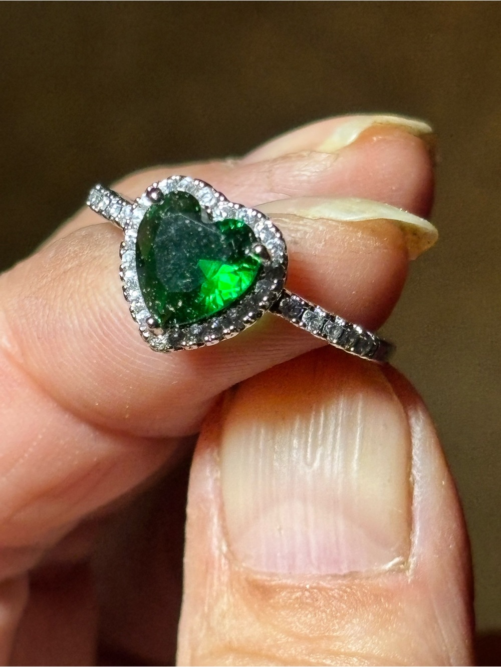 Heart-Cut Green Gemstone Halo Ring - Silver Tone size 8